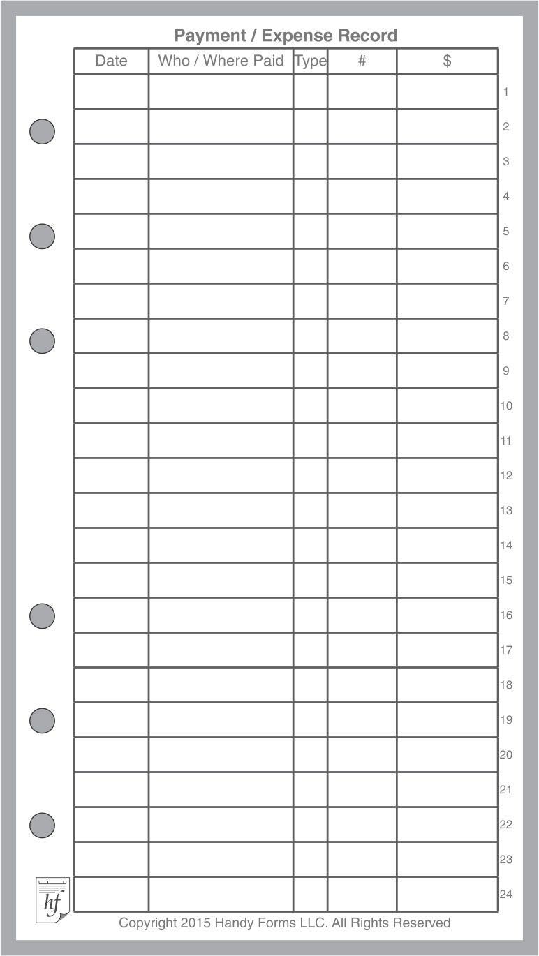 Handy Forms Personal Size Payment/Expense Record and Check Register, Sized and Punched for Filofax Personal Notebook (3.7" x 6.75") - Image 1